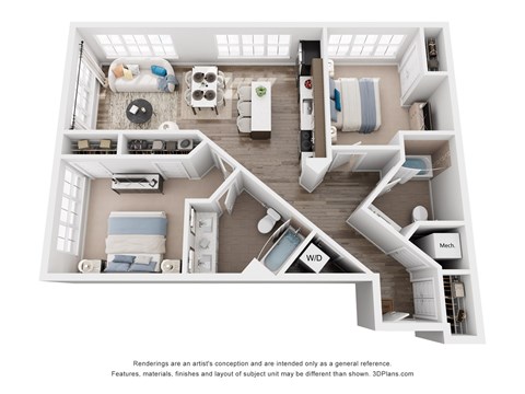 Floor plan for 2 beds, 2 baths, 1030 sqft